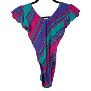 Vintage 80s 90s RARE Rain Beau Striped One Piece Bodysuit Leotard Sz Medium